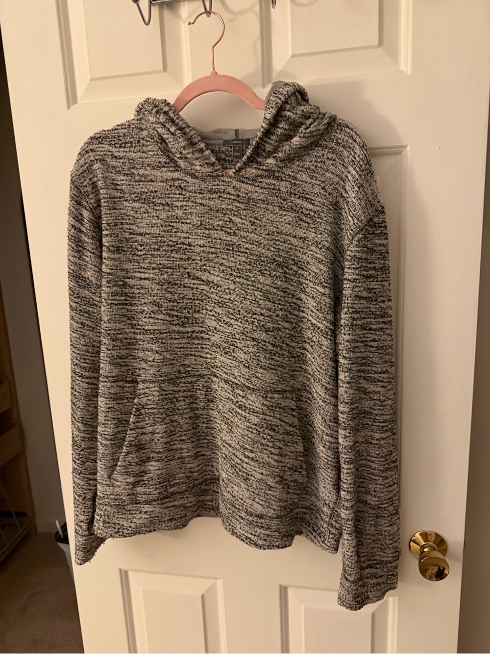 Vince Men’s Marled Cotton Knit Pullover Hoodie Sweater Gray Black M - Picture 2 of 4
